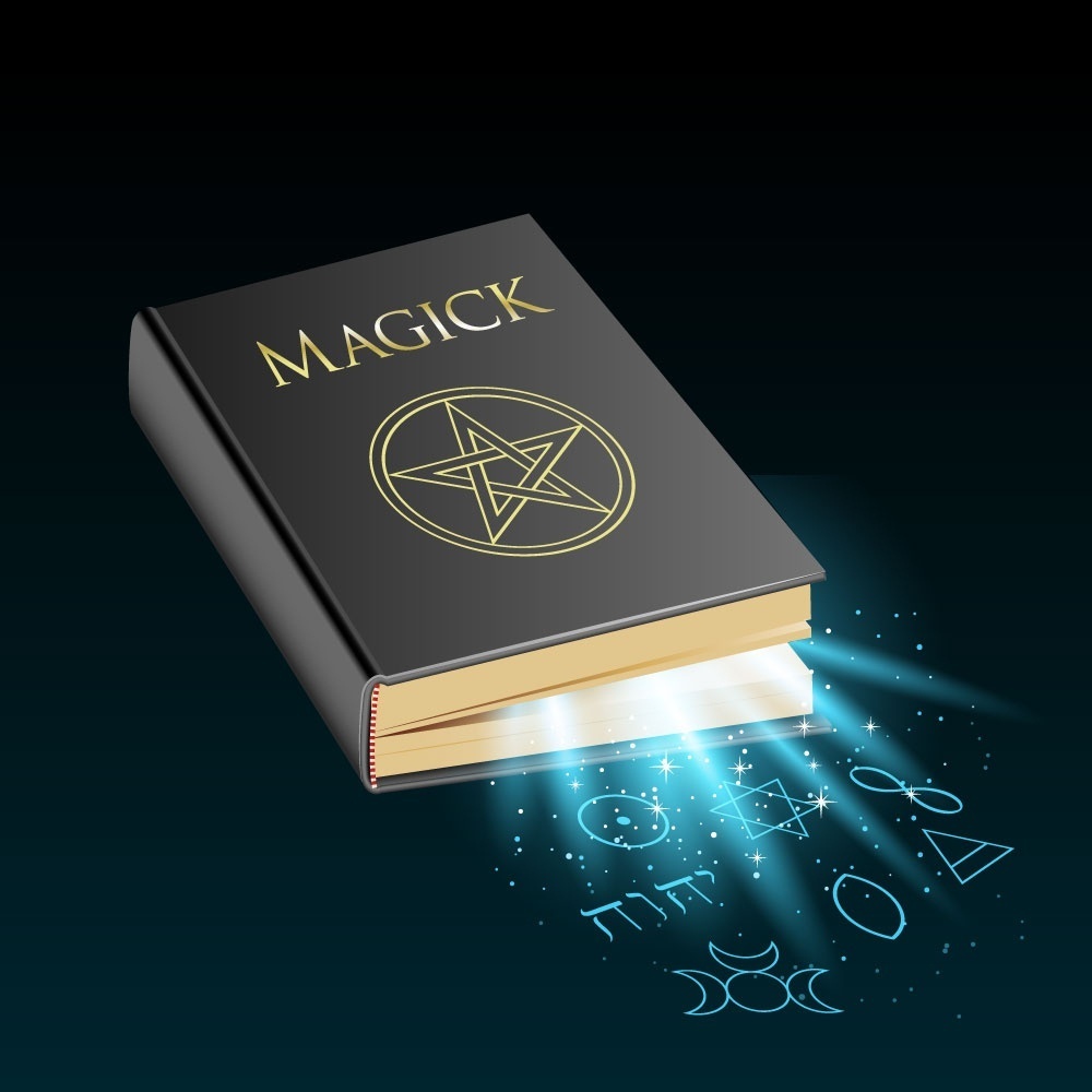 Book of magic with mystical light and symbols